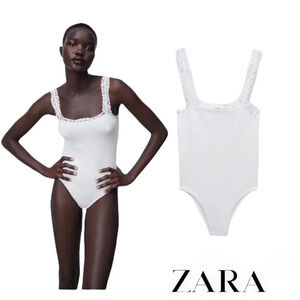 ZARA | White | SEAMLESS BODYSUIT WITH LACE TRIM